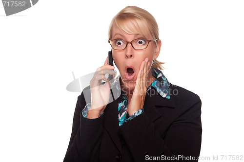 Image of Blonde Woman Shocked on Cell Phone