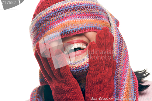 Image of Attractive Woman With Colorful Scarf Over Eyes