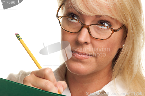 Image of Beautiful Woman with Pencil and Folder 