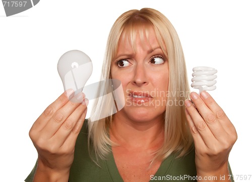 Image of Funny Woman Holding Energy Saving and Regular Light Bulbs