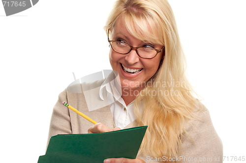 Image of Beautiful Woman with Pencil and Folder 