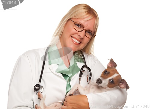 Image of Attractive Female Doctor Veterinarian with Small Puppy