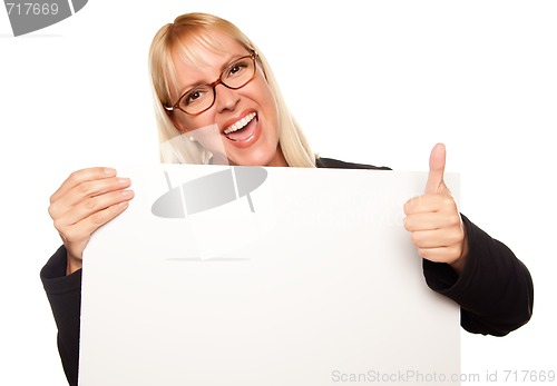 Image of Attractive Blonde with Thumbs Up Holding Blank White Sign 