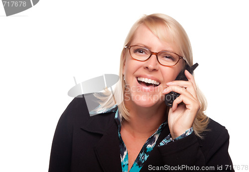 Image of Attractive Blonde Woman Using Phone Laughing