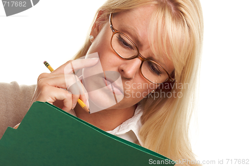 Image of Beautiful Woman with Pencil and Folder 