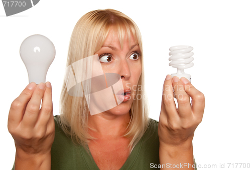 Image of Funny Woman Holding Energy Saving and Regular Light Bulbs