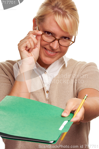 Image of Beautiful Woman with Pencil and Folder 