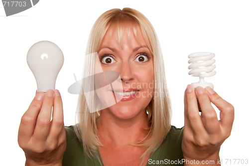 Image of Woman Holds Energy Saving and Regular Light Bulbs