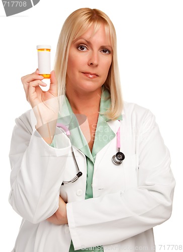 Image of Attractive Female Doctor with Blank Prescription Bottle