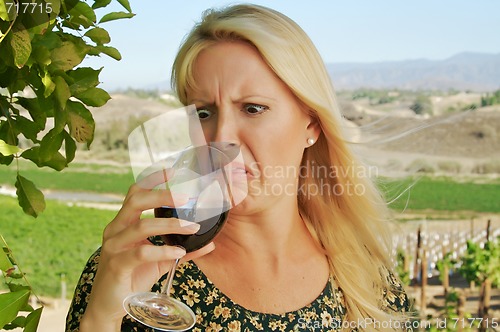 Image of Shocked Attractive Woman Sips Wine