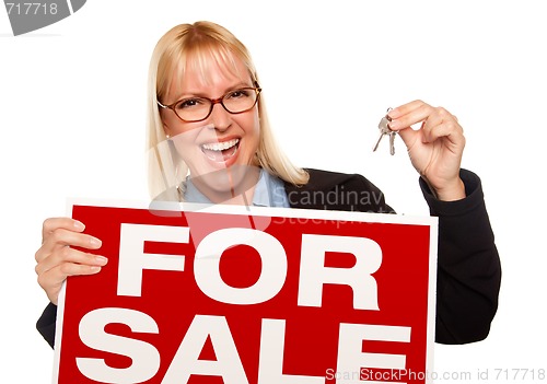 Image of Attractive Blonde Holding Keys & For Sale Sign