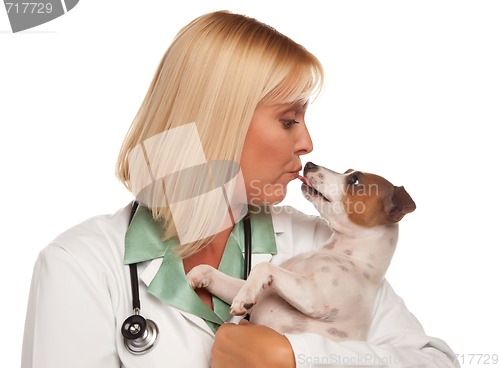 Image of Attractive Female Doctor Veterinarian with Small Puppy