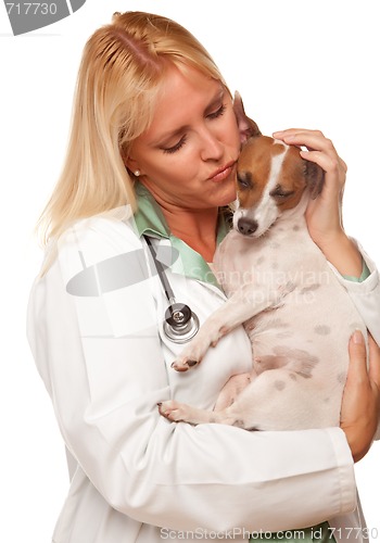 Image of Attractive Female Doctor Veterinarian with Small Puppy