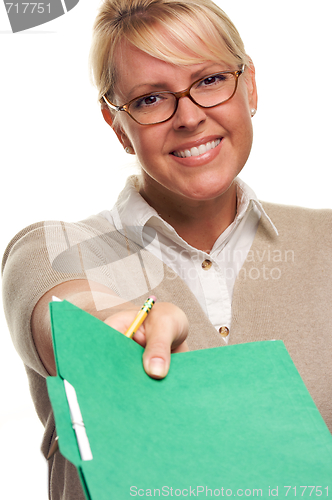 Image of Beautiful Woman with Pencil and Folder 