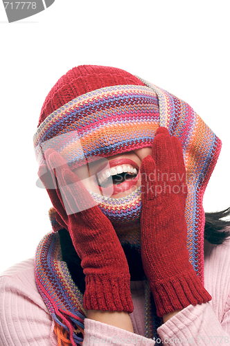 Image of Attractive Woman With Colorful Scarf Over Eyes