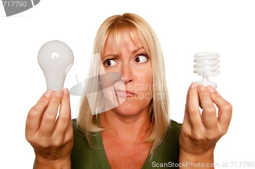 Image of Funny Woman Holding Energy Saving and Regular Light Bulbs