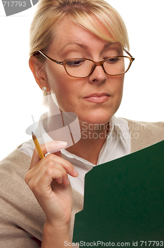 Image of Beautiful Woman with Pencil and Folder 