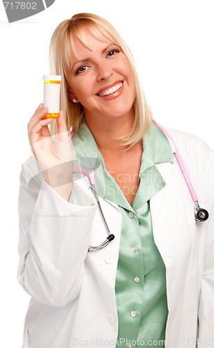 Image of Attractive Female Doctor with Blank Prescription Bottle