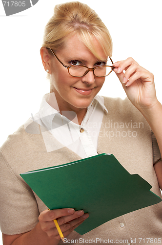 Image of Beautiful Woman with Pencil and Folder 