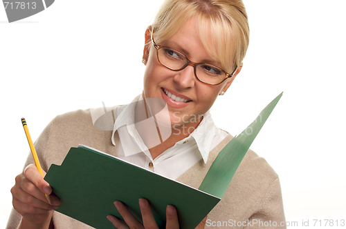 Image of Beautiful Woman with Pencil and Folder 