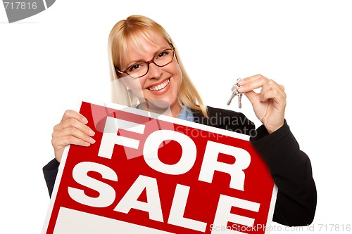 Image of Attractive Blonde Holding Keys & For Sale Sign