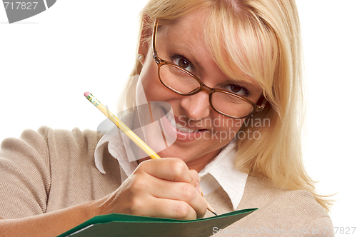 Image of Beautiful Woman with Pencil and Folder 