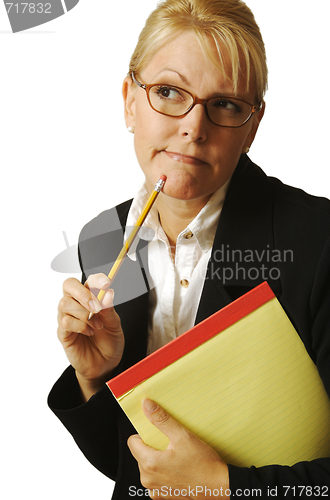 Image of Beautiful Woman Thinks with Pencil & Notepad