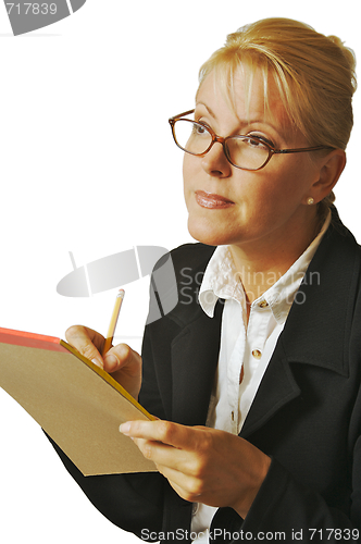 Image of Beautiful Woman Thinks with Pencil & Notepad