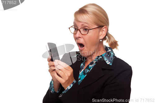 Image of Shocked Blonde Woman Using Cell Phone