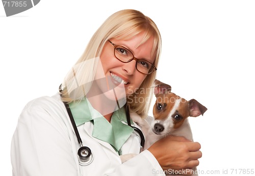 Image of Attractive Female Doctor Veterinarian with Small Puppy