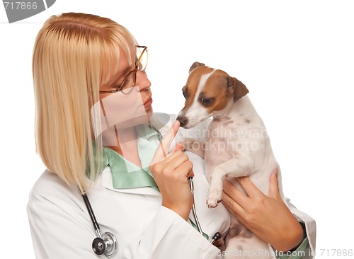 Image of Attractive Female Doctor Veterinarian with Small Puppy