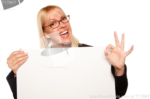 Image of Attractive Blonde with Okay Hand Gesture Holding Blank White Sig