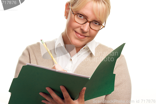 Image of Beautiful Woman with Pencil and Folder 