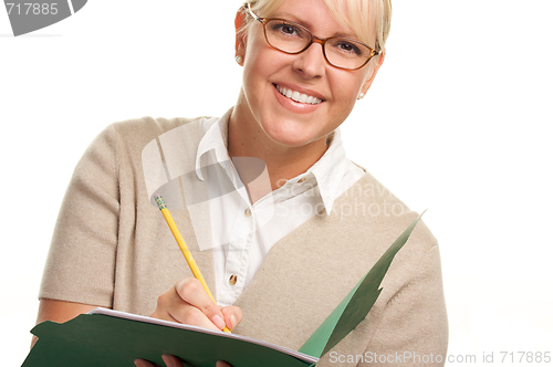 Image of Beautiful Woman with Pencil and Folder 