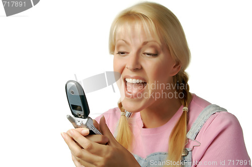 Image of Happy Girl Texting with Cell Phone