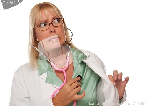 Image of Attractive Female Doctor or Nurse Checking Her Own Heart