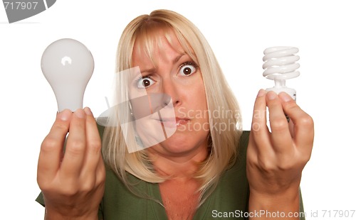 Image of Funny Woman Holding Energy Saving and Regular Light Bulbs