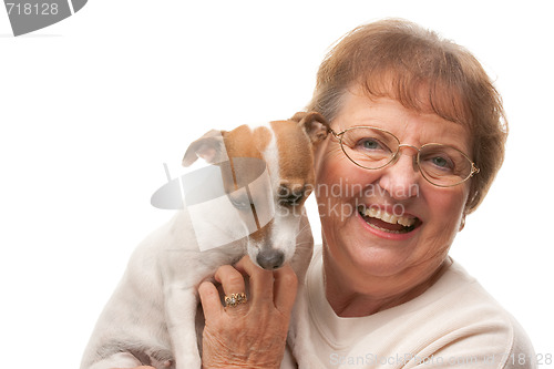 Image of Happy Attractive Senior Woman with Puppy
