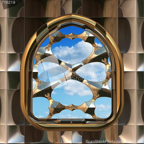 Image of gothic or scifi window with blue sky