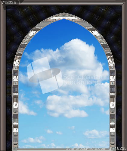 Image of gothic or scifi window with blue sky