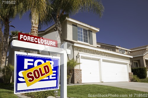 Image of Blue Foreclosure For Sale Real Estate Sign and House