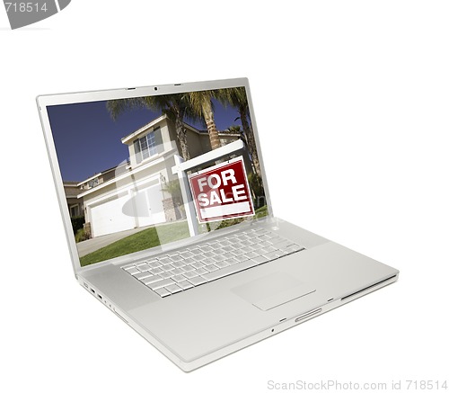 Image of Home for Sale Sign & New House on Laptop