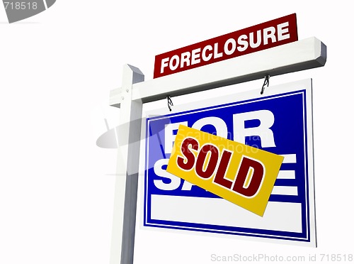 Image of Blue Sold Foreclosure Real Estate Sign on White