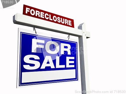 Image of Blue Foreclosure Real Estate Sign on White.