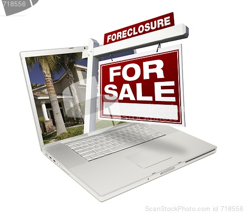 Image of Foreclosure Home for Sale Real Estate Sign & Laptop