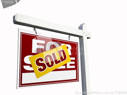 Image of Red Sold For Sale Real Estate Sign on White.