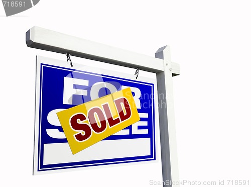 Image of Blue Sold For Sale Real Estate Sign on White.