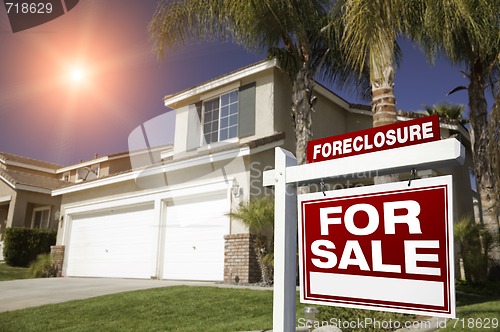 Image of Red Foreclosure For Sale Real Estate Sign and House