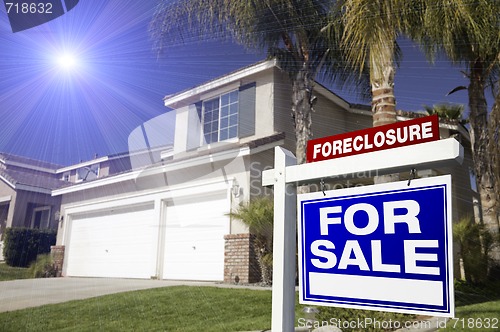 Image of Red Foreclosure For Sale Real Estate Sign and House