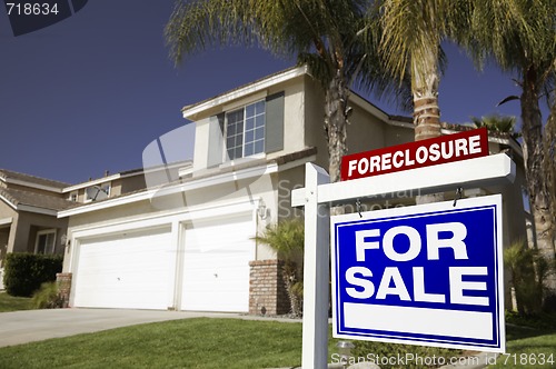 Image of Blue Foreclosure For Sale Real Estate Sign and House